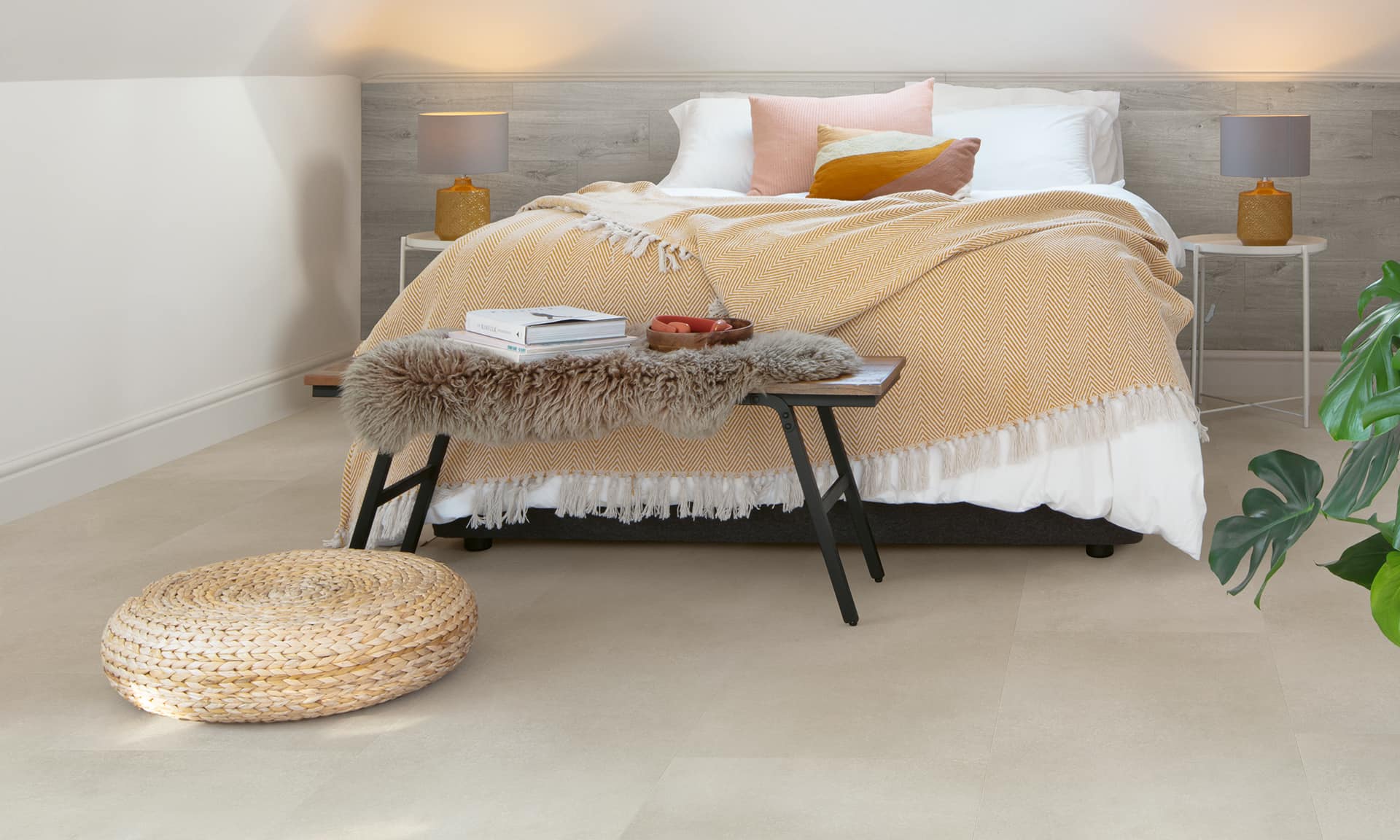 Modern bedroom with beige vinyl flooring